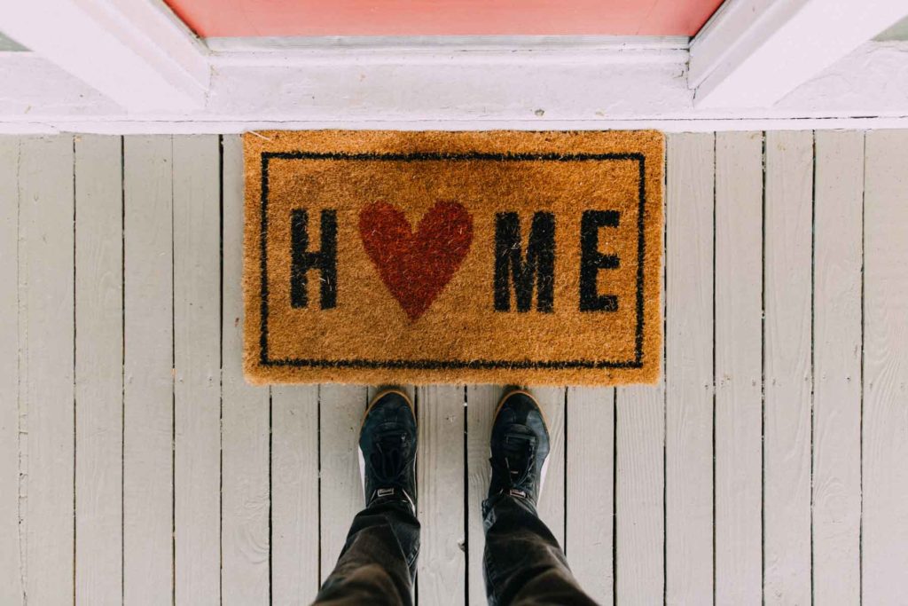 looking down at front door mat that says 'home'